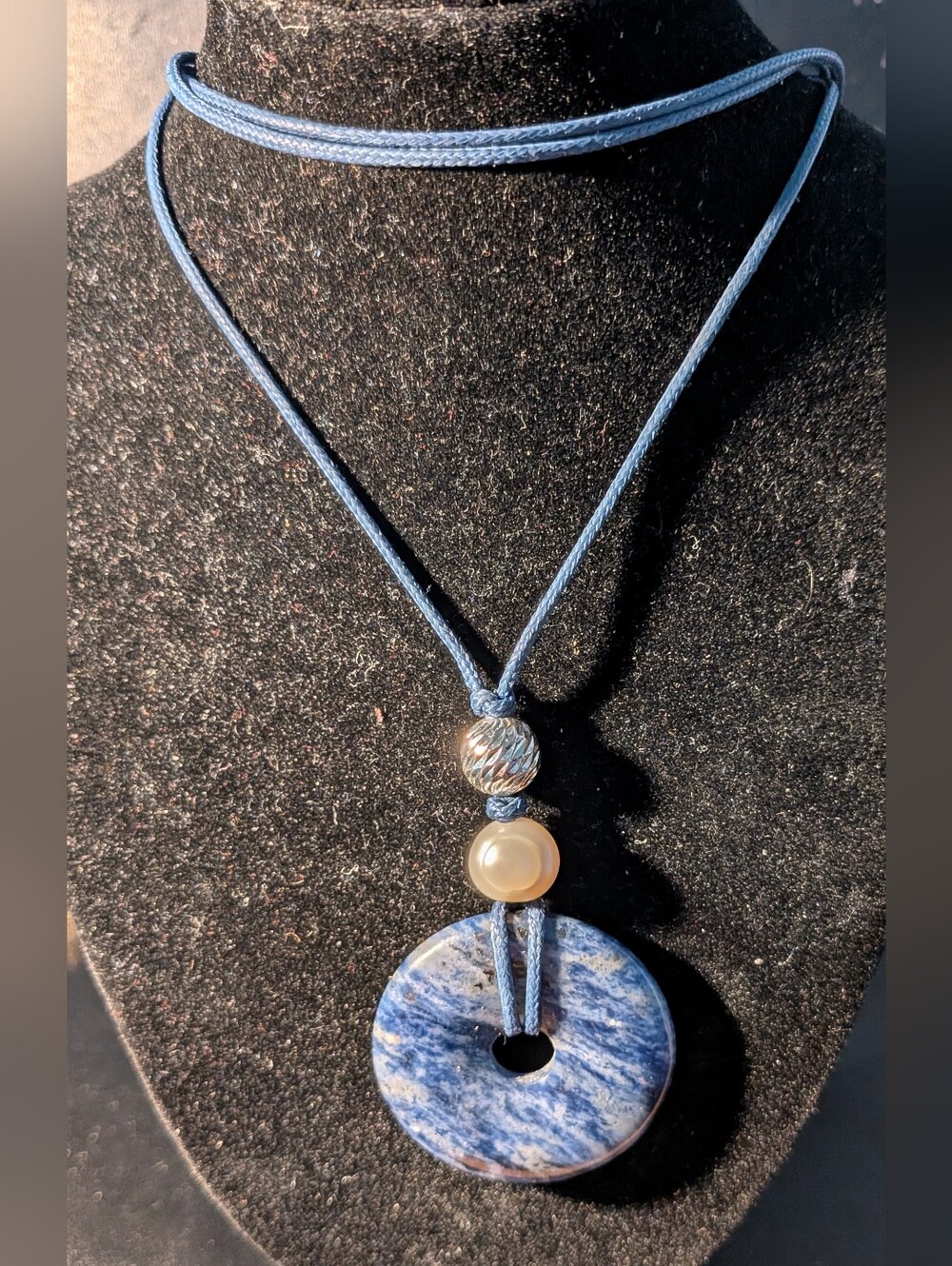Blue Sodalite(?) Donut Pendant Necklace with Pearl Accent